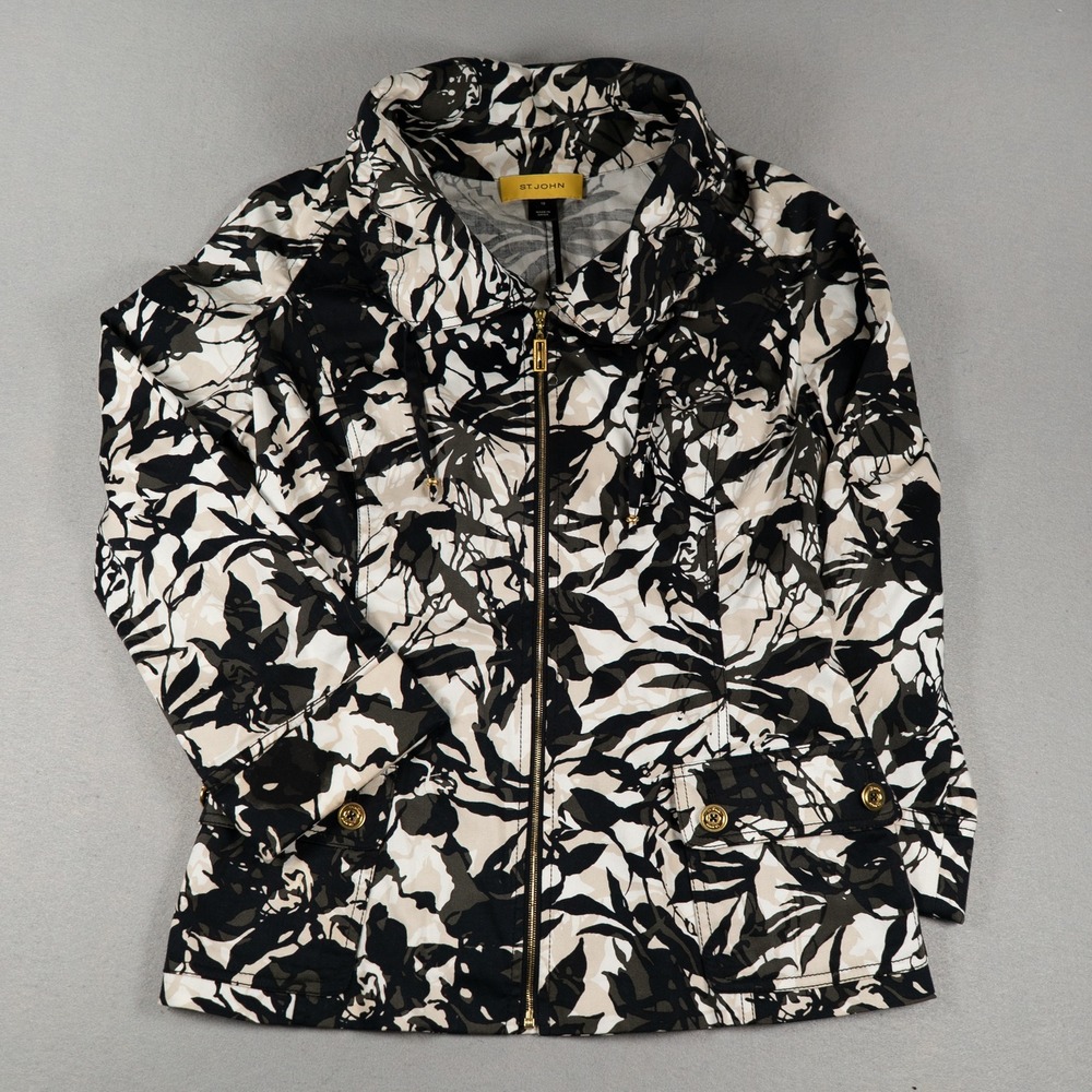 St. John Sport Womens Jacket Abstract Floral Zip Up Gold Hardware Black Size 10